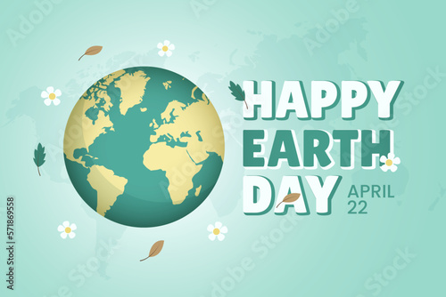 Happy Earth day April 22 banner with globe and flowers leaves illustration