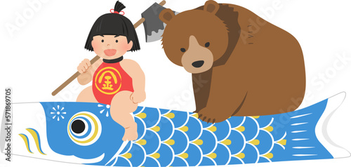 鯉のぼりにのった金太郎と熊_こどもの日イメージ素材_ベクターイラスト