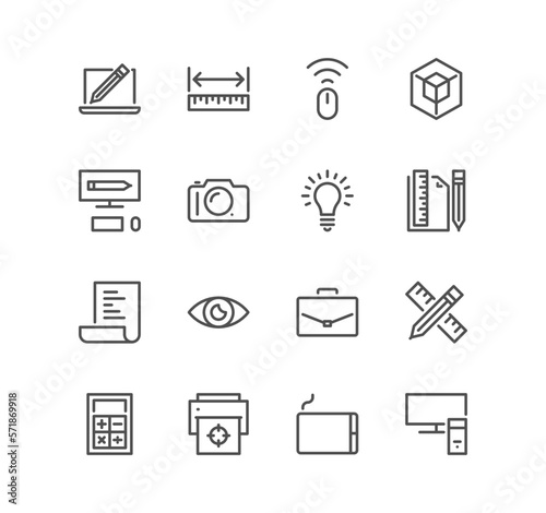 Set of graphic design related icons, idea, tool, artwork and linear variety vectors. © PaleStudio
