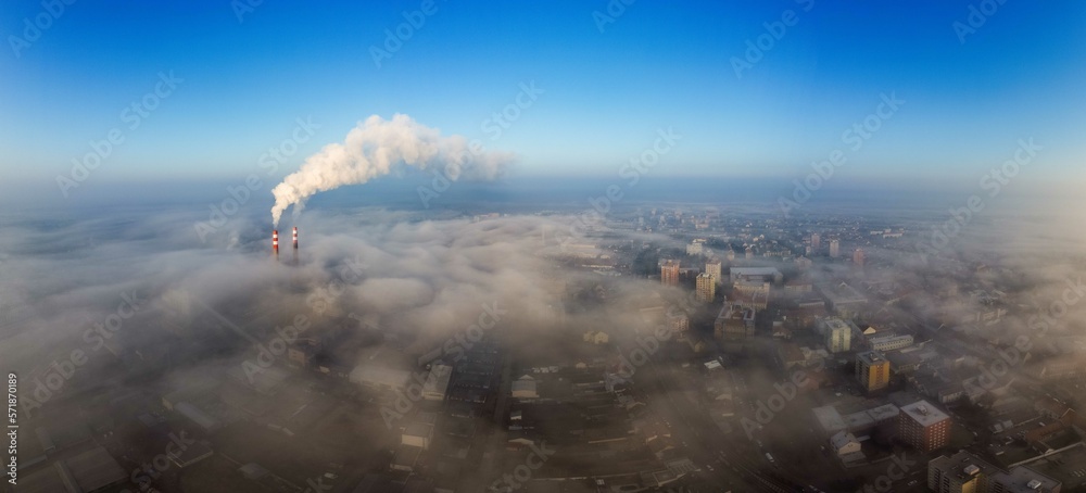 Obraz premium Aerial view of Hodonín in fog. Inversion in South Moravia, Czech Republic.