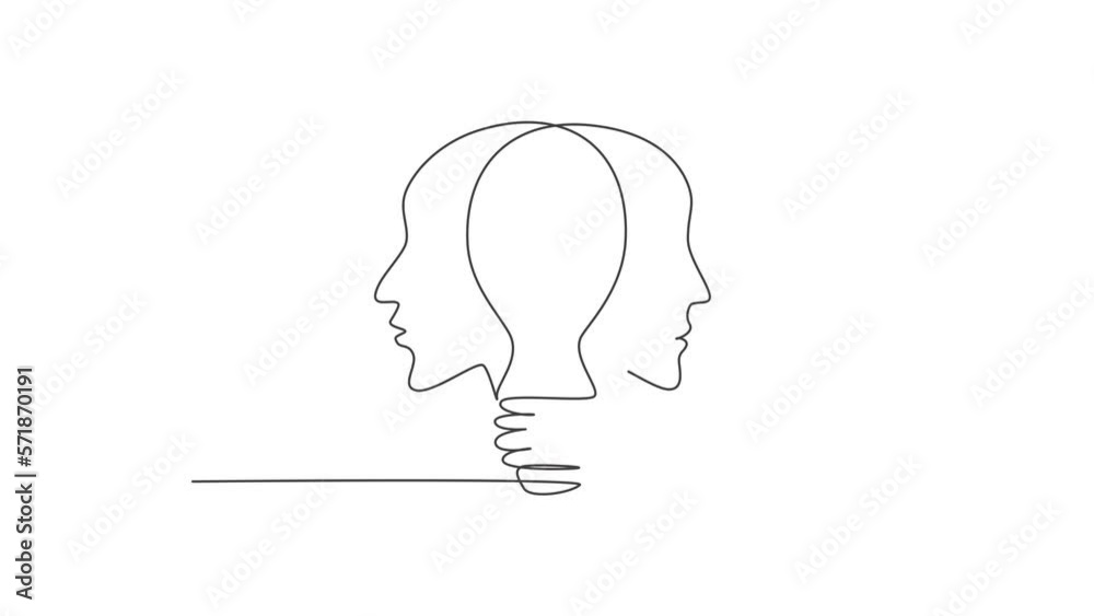 Animated self drawing of continuous line draw twin human face with light bulb in the middle logo label. Psychology mind inspiration icon label concept. Full length one line animation illustration.