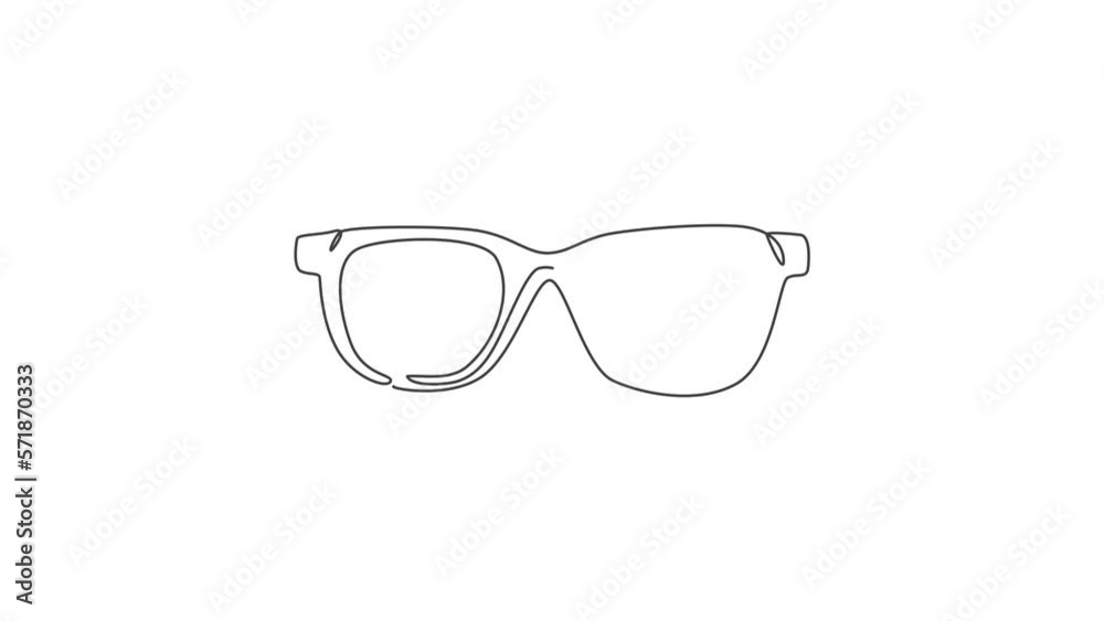 Animated self drawing of one continuous line draw trendy sunglasses logo emblem. Clean glasses for optical shop logotype icon template concept. Full length single line animation illustration. Animated self drawing of one continuous line draw trendy sunglasses logo emblem. Clean glasses for optical shop logotype icon template concept. Full length single line animation illustration.