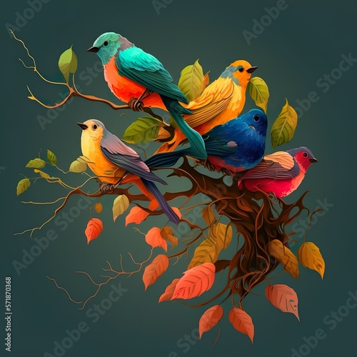 Colorfull birds sitting on a tree with colorfull leaves photo