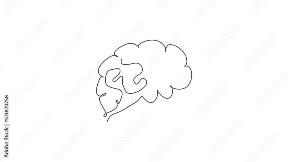 Animation of one line drawing of brain from side view for memory supplement food company logo. Human organ icon concept for medical science. Continuous line self draw animated. Full length motion. Animation of one line drawing of brain from side view for memory supplement food company logo. Human organ icon concept for medical science. Continuous line self draw animated. Full length motion.