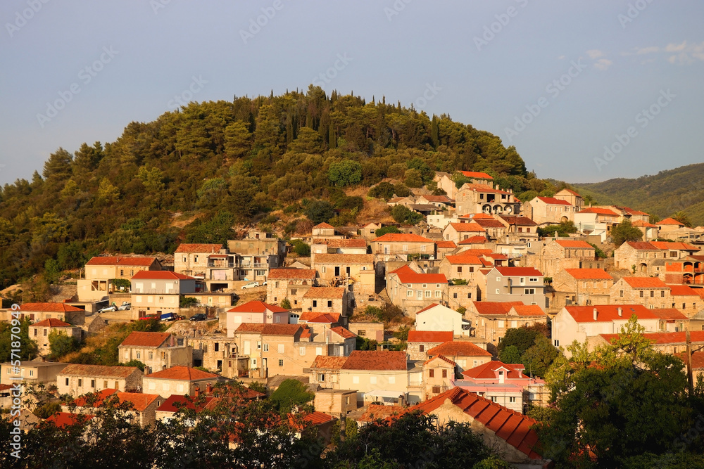 Aerial view of Blato, small picturesque town on island Korcula, Croatia.