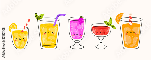 Soda water  lemonades in glass and plastic bottles. Non alcoholic cocktails. Non-alcoholic cocktail drink in glass  vector illustration of glass cocktail drink.Cold drinks set.Alcoholic fruit beverage