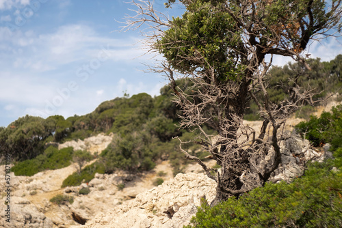 Extreme and dangerous mountain trekking trail from historic village Lubenice on Croatia island Cres to remote beach Sveti Stefan in Kvarner Bay