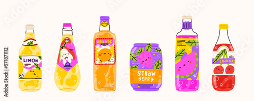 Cold drinks set. Soda water, lemonades in glass and plastic bottles. Flat vector illustrations isolated on white background. Alcoholic fruit beach beverages, neoteric vector cartoon signs.