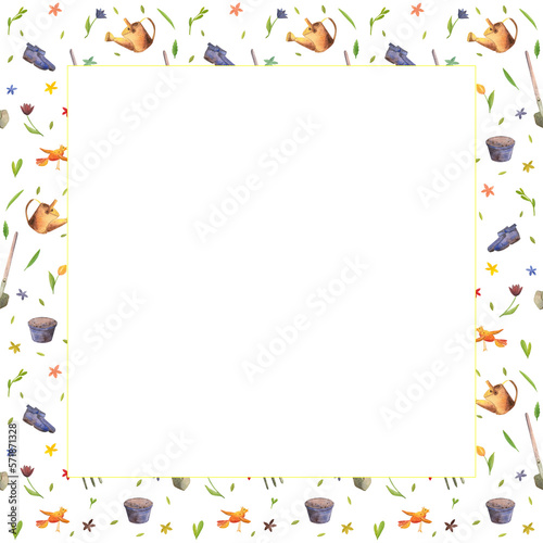 Watercolor frame of a spring pattern with garden flowers, tools and a bird on a white background.