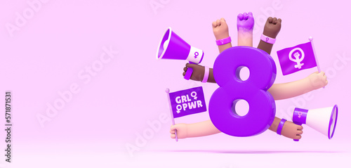 Womens Day banner with number 8 and activist women's hands in 3d illustration with copy space. March 8 for feminism, independence, empowerment and activism for women rights photo