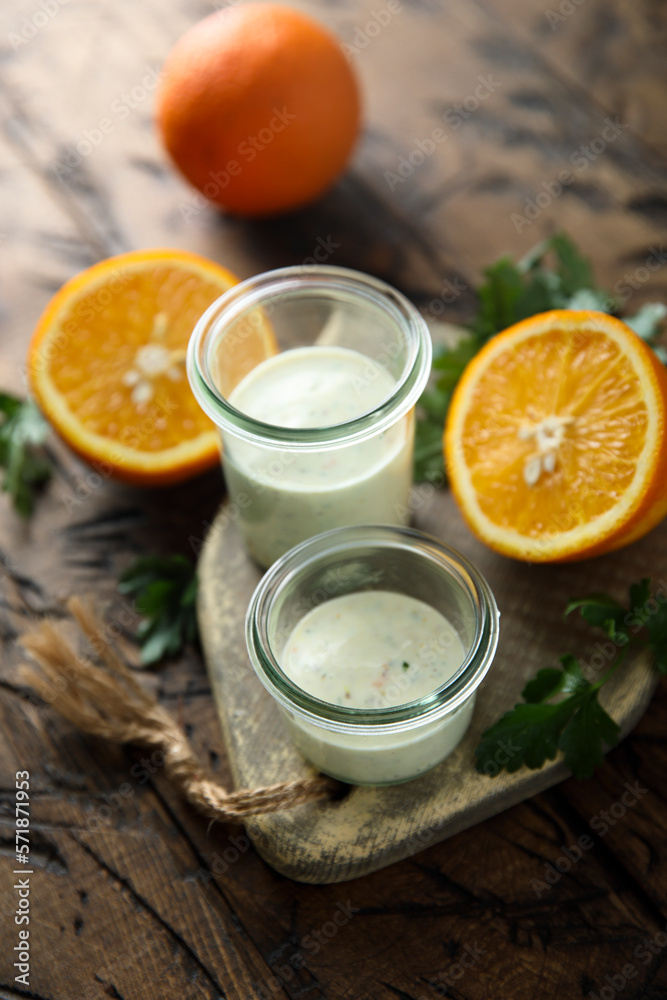 Homemade salad dressing with yogurt and zest Homemade salad dressing with yogurt and zest