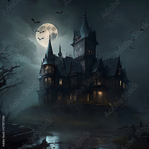 spooky castle, scary, unkempt, horror, old gothic castle, haunted mansion, generative ai