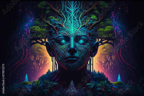 Concept of psychedelics, ayahuasca hallucination colorful neon glow illustration, forest shaman photo