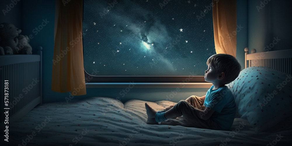 boy lying in his bed watching the stars in the sky. Generative AI