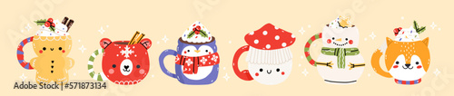 Set od different mug. Christmas chocolate cups with treats, gingerbread, cookies, marshmallow. Childish print for cards, stickers, decoration. Cute menu illustration. New year vector illustration