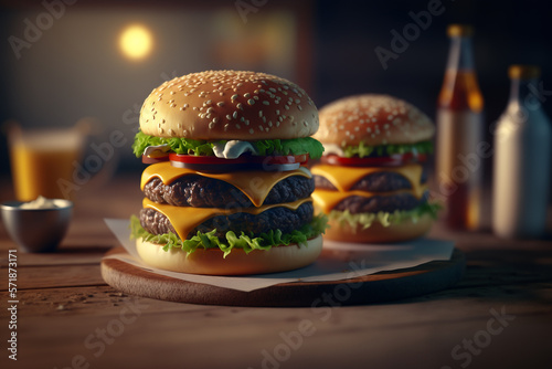 Delicious hamburgers served on plate, food photography
