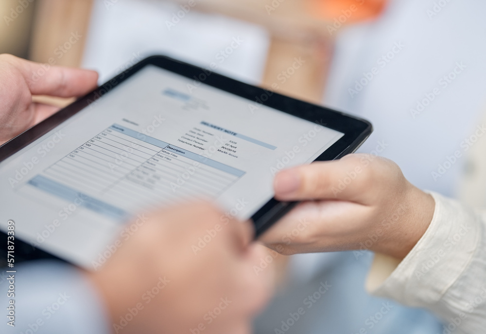 Information, delivery and hands on a tablet for a signature, shipping registration and package form. Ecommerce, service and courier with personal details and identity on tech for a person with a box Information, delivery and hands on a tablet for a signature, shipping registration and package form. Ecommerce, service and courier with personal details and identity on tech for a person with a box