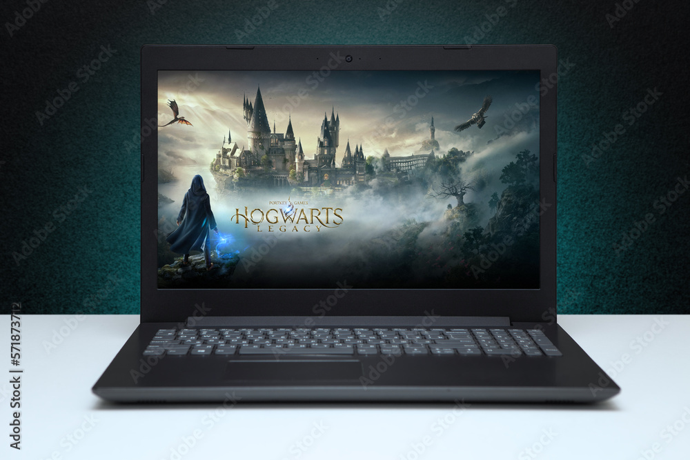 The Hogwarts Legacy computer game logo on laptop screen. Hogwarts