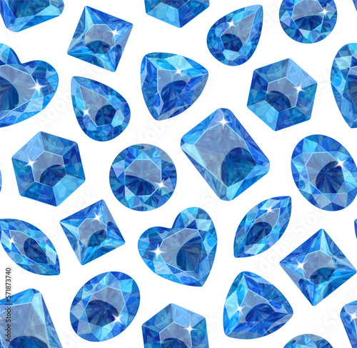 Pattern of blue crystals on a white background. Stones of various shapes. Jewelry.