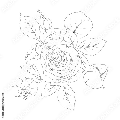 Fototapeta Naklejka Na Ścianę i Meble -  Composition of roses, buds, leaves and petals vector illustration in line art style. Hand drawn silhouette flowers. For the design of stickers, stationery, greeting cards, tattoos, coloring