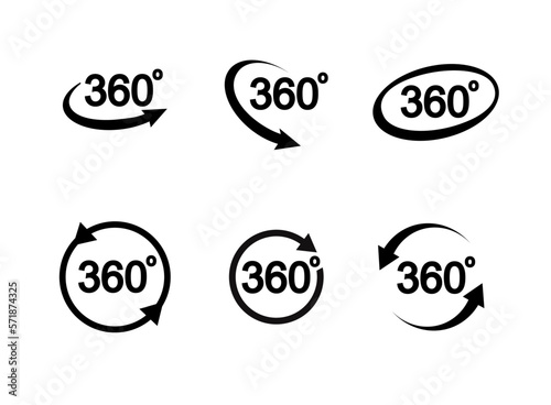 360 degrees view related sign set isolated on transparent background. Abstract concept graphic rotation arrows, panorama, virtual reality element