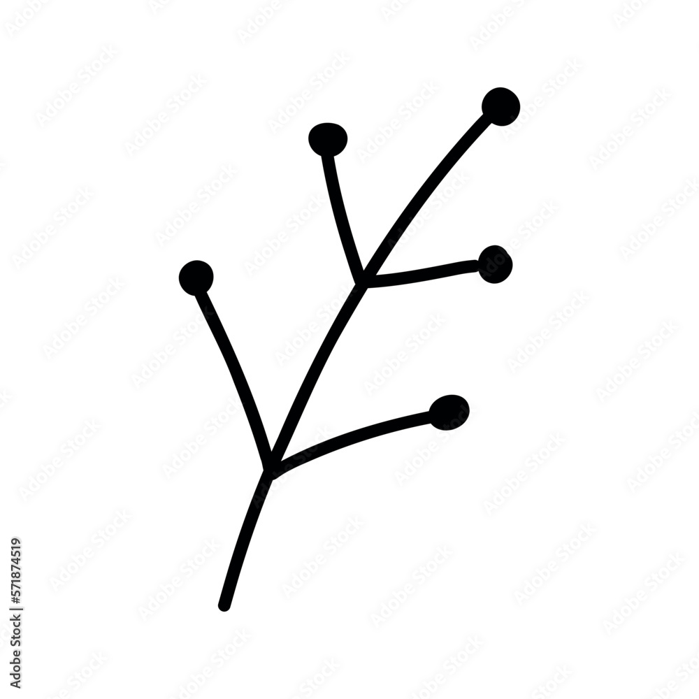 Floral doodle branch. Hand drawn decorative leaves and wreaths. Flower ornament divider. Tree branches with leaves and flowers.