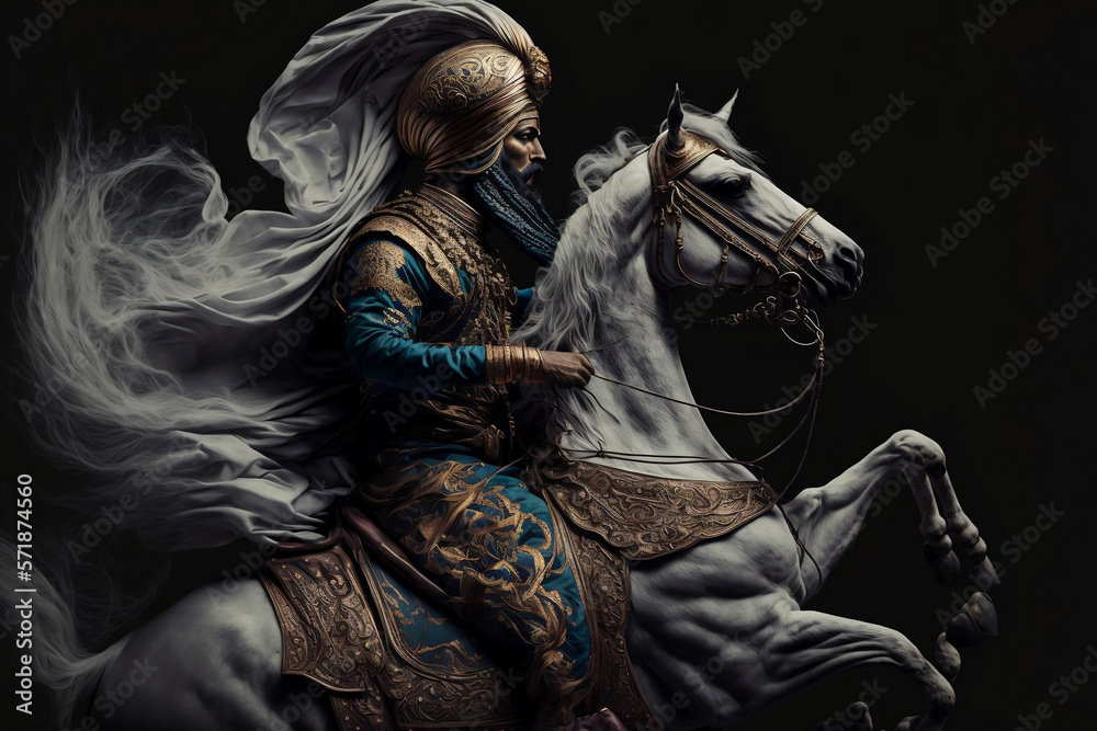 sultan or caliph, king, riding a horse, with a turban, generative ai