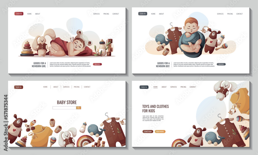 Set of web pages with Sleeping newborn kids, toys, baby clothes and baby bottle. Newborn, Childbirth, Baby care, babyhood, childhood, infancy concept. Vector illustration for poster, banner, website.