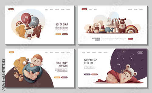Set of web pages with Sleeping newborn kids, toys, baby clothes and baby bottle. Newborn, Childbirth, Baby care, babyhood, childhood, infancy concept. Vector illustration for poster, banner, website.