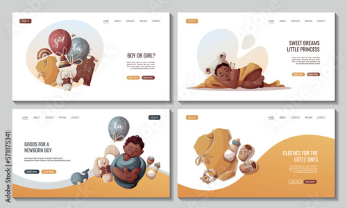 Set of web pages with Sleeping newborn kids, toys, baby clothes and baby bottle. Newborn, Childbirth, Baby care, babyhood, childhood, infancy concept. Vector illustration for poster, banner, website. photo