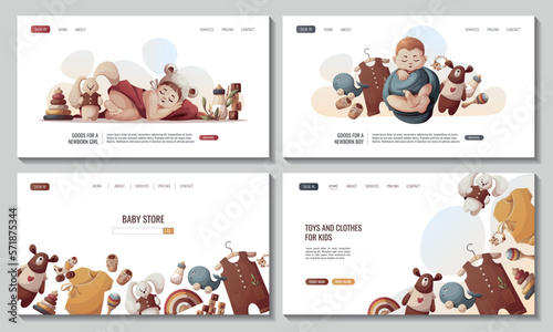 Set of web pages with Sleeping newborn kids, toys, baby clothes and baby bottle. Newborn, Childbirth, Baby care, babyhood, childhood, infancy concept. Vector illustration for poster, banner, website.