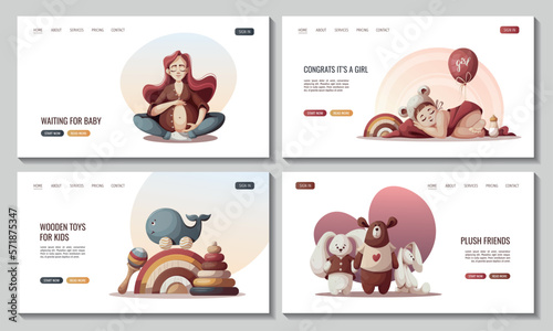 Set of web pages with pregnant women, newborn baby girl, toys. Motherhood, Pregnancy, baby waiting, baby care, childbirth concept. Vector Illustration for poster, banner, website.