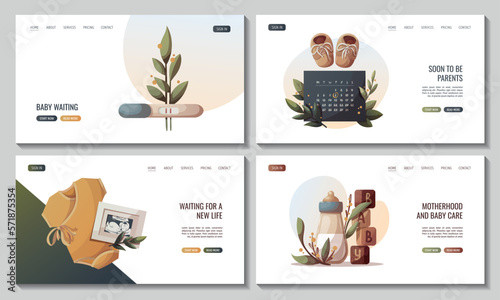 Set of web pages with monthly calendar, ultrasound baby picture, Positive pregnancy test, baby bottle. Baby waiting, pregnancy, sonogram concept. Vector illustration for poster, banner, website.