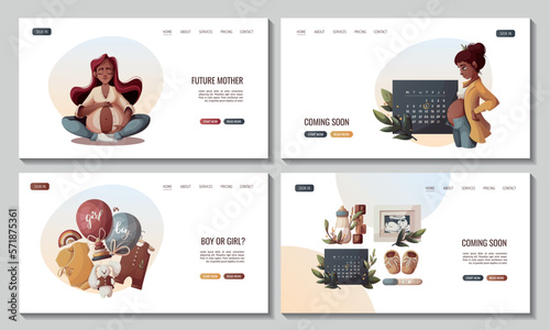 Set of web pages with pregnant women, baby clothes, toys, balloons. Motherhood, Pregnancy, baby waiting, baby store, gender reveal party concept. Vector Illustration for poster, banner, website.