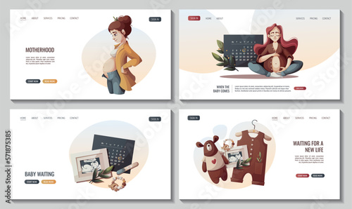 Set of web pages with pregnant women, baby clothes, monthly calendar, ultrasound baby picture, Positive pregnancy test. Motherhood, Pregnancy, baby waiting concept. Vector illustration.