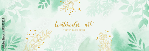 Green leaves horizontal banner. Wild herbs, sagebrush leaves, line art on hand drawn splash background. Watercolor style card. Vector illustration.