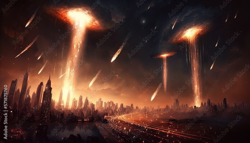 Title	
illustration of meteor shower fall into earth's atmosphere make fire trail in sky and crash on urban city building , nature calamity disaster, generative ai