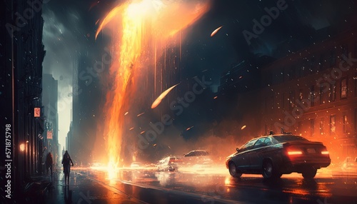 Title illustration of meteor shower fall into earth's atmosphere make fire trail in sky and crash on urban city building , nature calamity disaster, generative ai