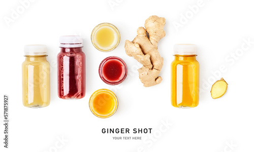 Fresh ginger shot bottles set isolated on white background.