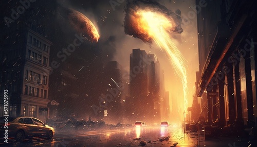 Title illustration of meteor shower fall into earth's atmosphere make fire trail in sky and crash on urban city building , nature calamity disaster, generative ai