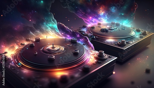 record player or turntable with light glow idea concept for music industry background wallpaper, Generative Ai