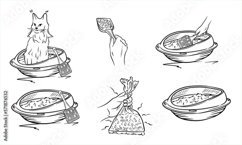 Cat tray in sketch style. Cat in a tray. Cat litter cleaning.