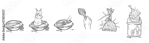 The process of cleaning the cat litter box in sketch style. How to clean up the litter box after the cat.