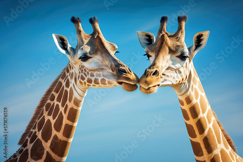 Pair of giraffes in love against blue sky. Post-processed generative AI	
