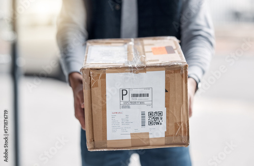 Box qr code, hands and delivery man shipping retail sales product, shopping courier stock or cardboard container. Logistics supply chain, mail distribution service and person with cargo package label