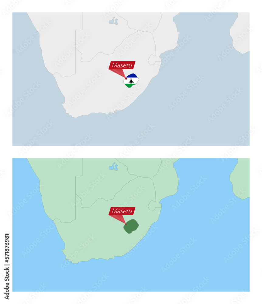 Lesotho map with pin of country capital. Two types of Lesotho map with neighboring countries.