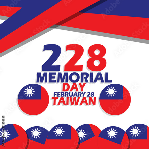 Taiwan flag with bold text  numbers and ribbon on white background to commemorate 228 Memorial Day on February 28 in Taiwan