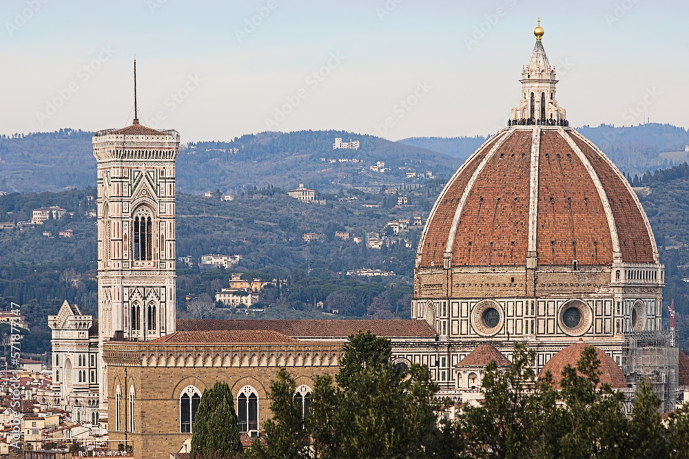 View of Florence Cathedral dome and Giotto's Campanile, Tuscany, Italy 