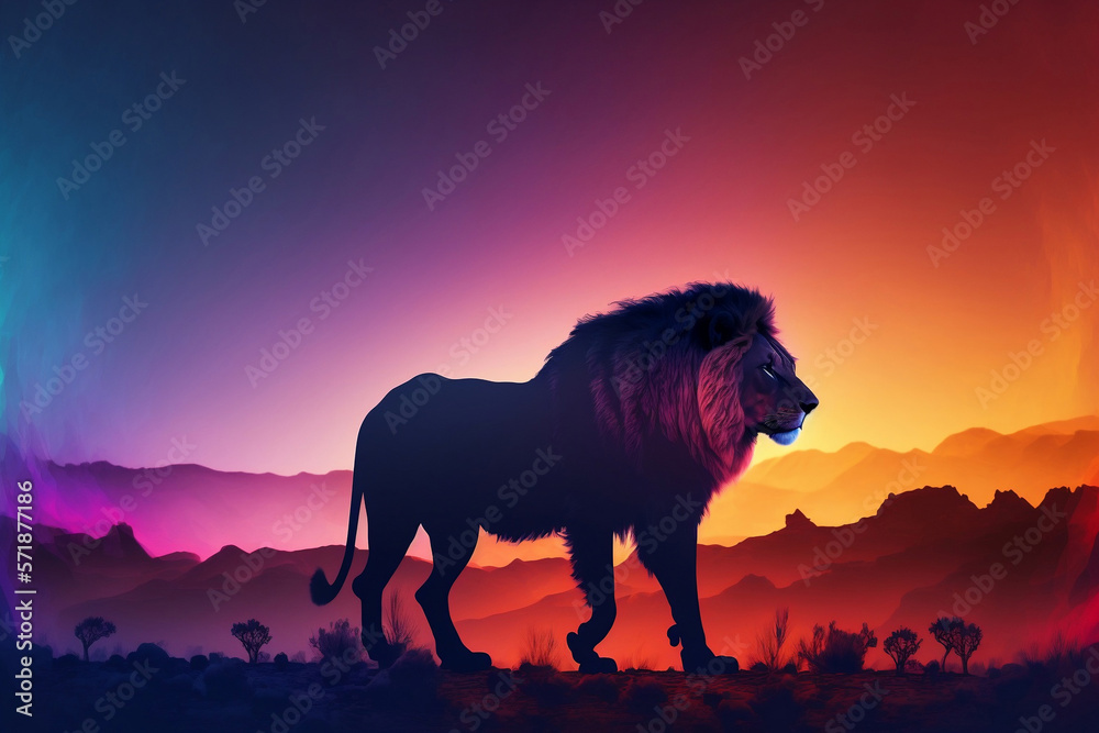 Fototapeta premium mighty lion standing on the savanna, with color gradient background, generative ai