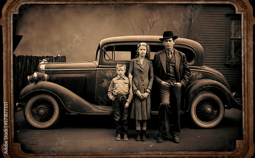 Group family portrait in front of an old car vintage style photograph Generative AI photo